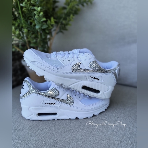 Women's Bling Nike Air Max 90 White Sneakers Shoes made with Swarovski Crystals - Picture 3 of 8